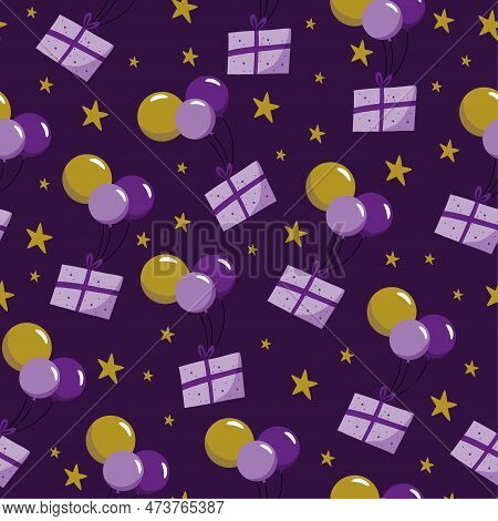 Birthday Presents And Balloons Seamless Pattern On Purple Background. Good For Textile Print Wtappin