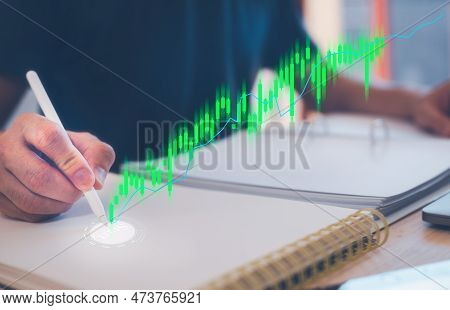 Start Now To Be Success In The Future Concept, Man Pushing On Keyboard To Start Trading Graph, Start
