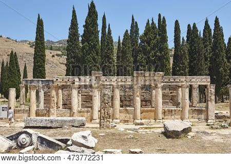 Hierapolis Ancient Ruins Landmark In Pamukkale. Famous Turkish Historical Site