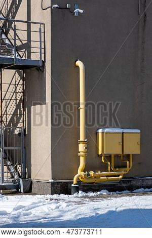 Pipes Gas Distribution Point On The Wall Of The Building Under The Supervision Of A Video Camera. Ac