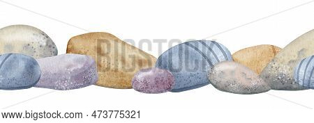 Seamless Border With Seabed Stones On Isolated Background. Hand Drawn Watercolor Pattern With Sea Fl