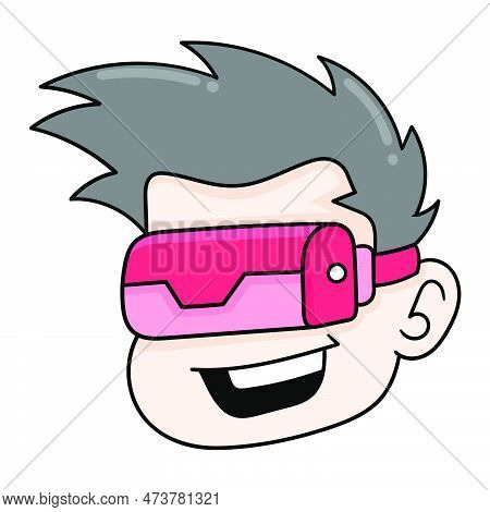 Drill Head Using Virtual Reality Game Tool On Its Head, Vector Illustration Carton Emoticon. Doodle 