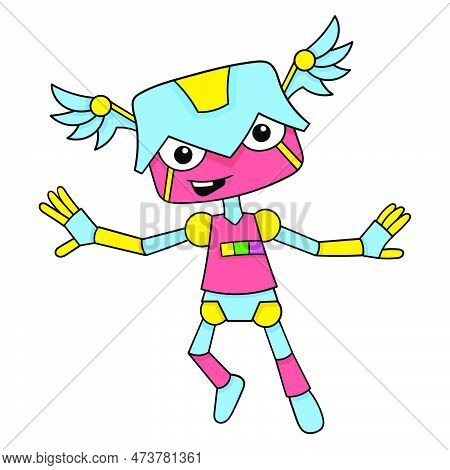 Sophisticated Robots Resembling Happy Humans, Vector Illustration Art. Doodle Icon Image Kawaii.