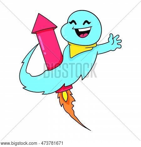 Ghost Celebrating New Year Flying Riding Firework, Vector Illustration Art. Doodle Icon Image Kawaii