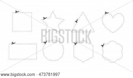 Set Of Different Shapes With Thin Dotted Line. Open Scissor For Cutting Shapes. Vector Stock