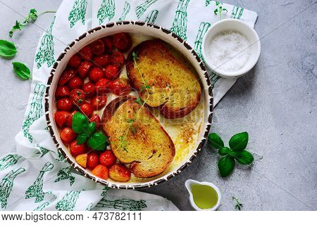 Bruschetta With Buratta And Baked Cherry Tomatoes.top View.selective Focus