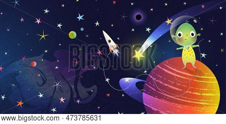 Baby Alien Or Extraterrestrial On Planet In Space And A Spaceship. Cute Alien In Space On A Starry B