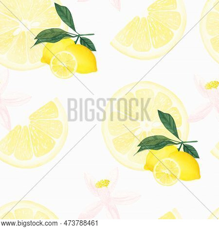 Watercolor Seamless Pattern With Yellow Lemon Branch Isolated On White Background. Illustration For 