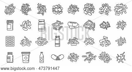 Probiotics Microbiology Icons Set Outline . Stomach Bacteria. Micro Food