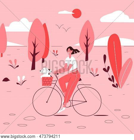 Women Traveling On Bike With Dog In Bascet. Pink Colors. Vector Illustration