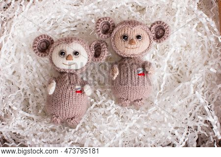 Knitted Brown Russian Toy Cheburashka With Oranges. Handmade By Hand Made