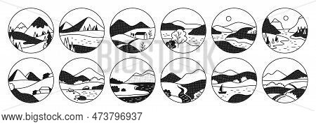 Nature Field Landscape Scenery Four Seasons Round Set. Abstract Glyph Nature Monthly Calendar Twelve