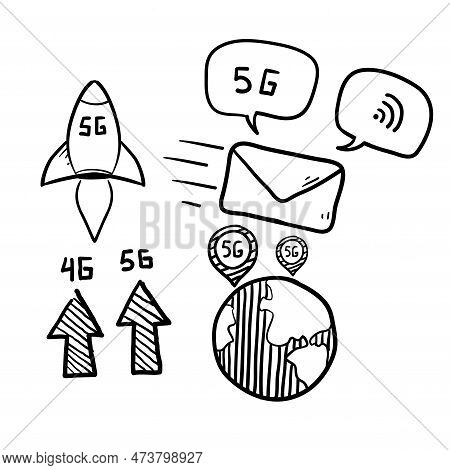 Hand Drawn Doodle Network 5g Concept. Fifth Generation Telecommunications, Fast Internet Connection 