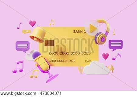 Yellow Bank Credit Card And Podcast With Music Notes Icons On Pink Background. Concept Of Subscripti