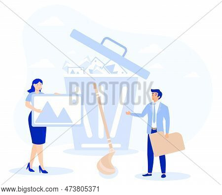 Delete Concept. Tiny People Deleting Data. Flat Vector Modern Illustration.