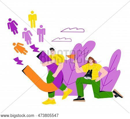 Inbound Marketing, Smm Team With Magnet Attracting Leads And Clients, Flat Vector Illustration Isola