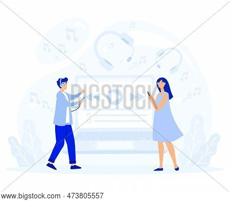 Media Player App Concept. Tiny People Listen Music, Sound, Audio Or Radio. Flat Vector Modern Illust