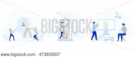 Freedom Concept. Mind Prison Psychological. Inner Prison. Tiny People Step Out Of Cage. Сomfort Zone