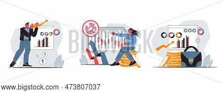 Stock Market And Finance, Investments And Business Strategy Set Of Flat Cartoon Vector Illustrations