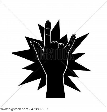 Black Back Of Rock And Roll Hand Sign. Goat Gesture. Vector Silhouette Illustration.