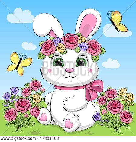 A Cute Cartoon White Rabbit With A Flower Wreath Sits In A Rose Garden. Spring Vector Illustration O