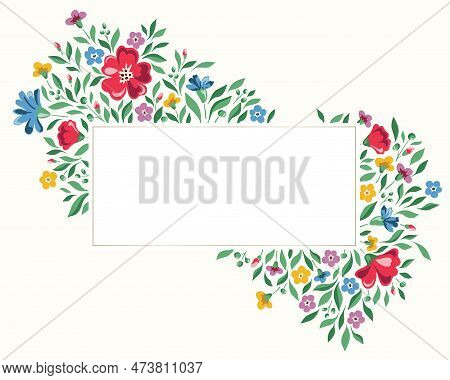 Colorful Chintz Romantic Meadow Wildflowers Vector Rectangular Frame. Cottagecore Garden Flowers And