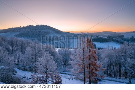 Panoramic Image Of Winter Landscape During Sunrise, Schmallenberg, Sauerland, Germany