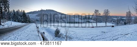Panoramic Image Of Winter Landscape During Sunrise, Schmallenberg, Sauerland, Germany