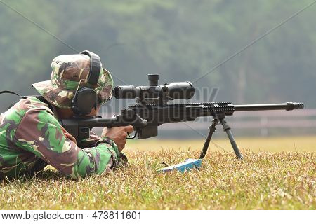 Jakarta, Indonesia - June 26, 2018: Soldier Aiming Target Using Spr-4 Part #4