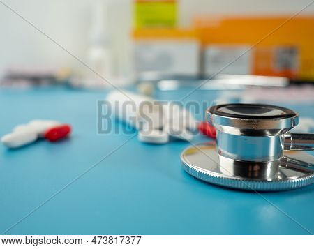 Medicines And A Stethoscope. Capsules And Tablets.