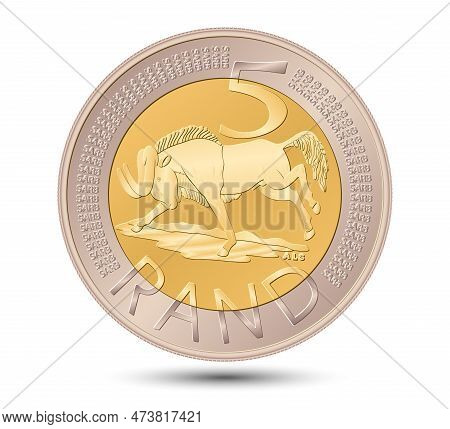 South African Five Rand Coin, Golden With Silver Isolated On White Background. Vector Illustration.