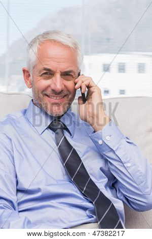 微笑 staffroom 在沙发上的智能手机上调用的商人