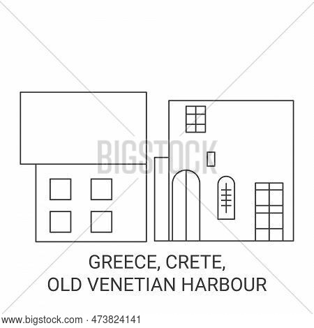 Greece, Crete, Old Venetian Harbour Travel Landmark Vector Illustration