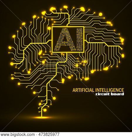 Abstract Technological Brain With Artificial Intelligence. Neon Circuit Board Brain
