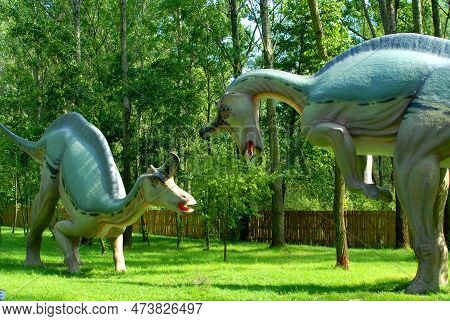 Rogowo, Poland - July 26, 2007: Two Dinosaurs Lambeozaur, Lambeozaurus Lambei In Jurassic Park, Dino