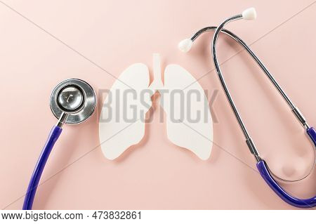 World Tb Day. Lungs Paper Cutting Symbol And Medical Stethoscope On Pink Background, Copy Space, Lun