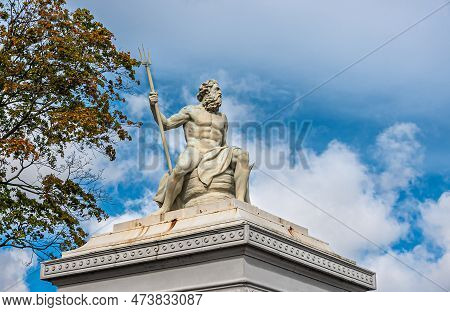 Copenhagen, Denmark - September 13, 2010: Closeup, Neptunus Or Poseidon God White Stone Statue On Pi