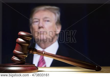 Syktyvkar, Komi, Russia, April 2, 2023, Trump And The Court Session. The Judicial Hammer On The Back