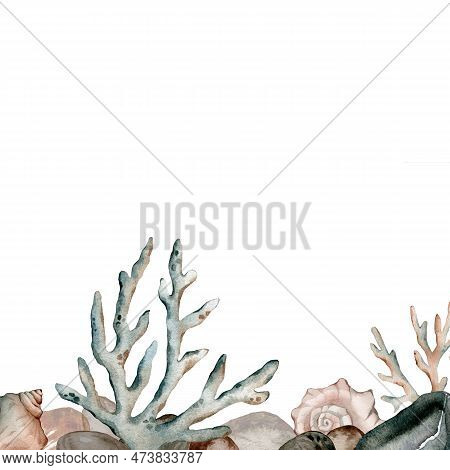 Watercolor Banner With Stones, Illustration. Watercolor Sea Pebbles. Hand Painted Underwater Illustr