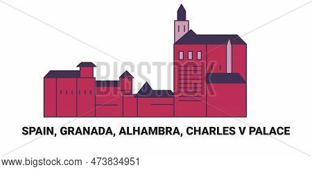 Spain, Granada, Alhambra, Charles V Palace, Travel Landmark Vector Illustration