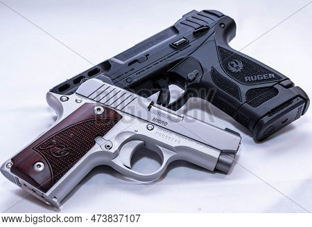 Pittsburgh, Pennsylvania, Usa March 31, 2023 A Stainless Steel Kimber 380 Micro 1911 Pistol With Woo