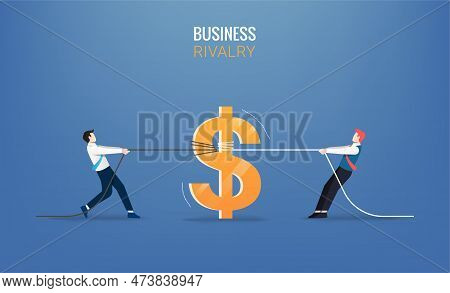Businessmen Pull The Rope With Money Icon. Business Rivalry Vector Illustration