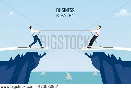 Two Businessmen Pull Rope At Edge Of Cliff Concept. Business Competition Challenge Vector Illustrati
