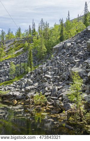 View Of The Pyha-luosto National Park In Summer, Rocks, Stones, Trees And Natural Pond, Lapland, Fin