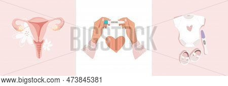 Modern Pregnancy Banner, Woman Holding A Positive Pregnancy Test, Baby Clothes, Female Uterus. Set O