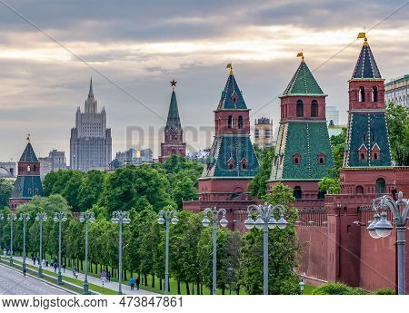 Towers Of Moscow Kremlin Along Kremlevskaya Embankment At Sunset, Russia