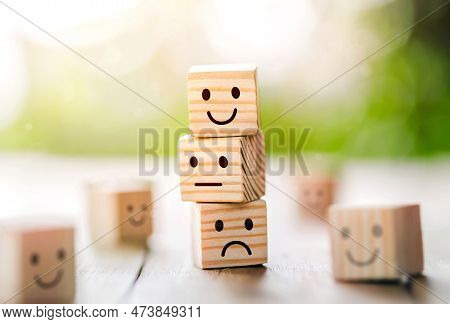 Wooden Cube Block Shape With Icon Face Smiley, The Best Excellent Business Services Rating Customer 