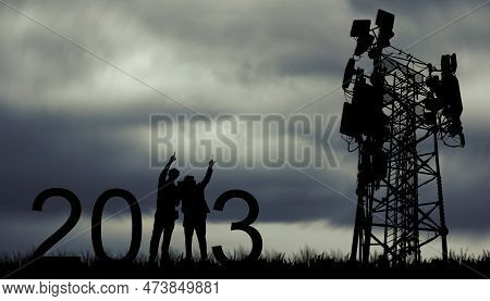 Silhouette Team Electricians, Architects Working In The Rainy Season Overcast Sky Two Engineers Plan