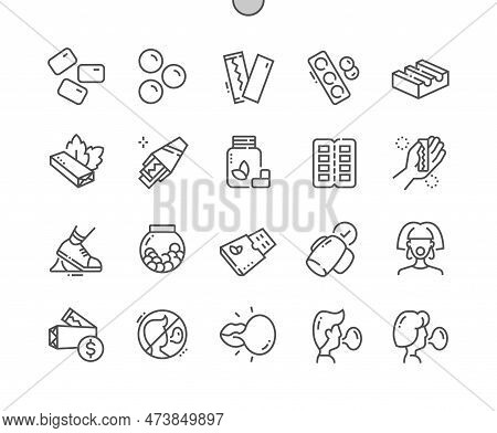 Chewing Gum. Mint Gum. Chewing Candy In Stick, Pads, Bubblegum Pack. Pixel Perfect Vector Thin Line 