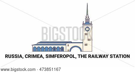 Russia, Crimea, Simferopol, The Railway Station, Travel Landmark Vector Illustration